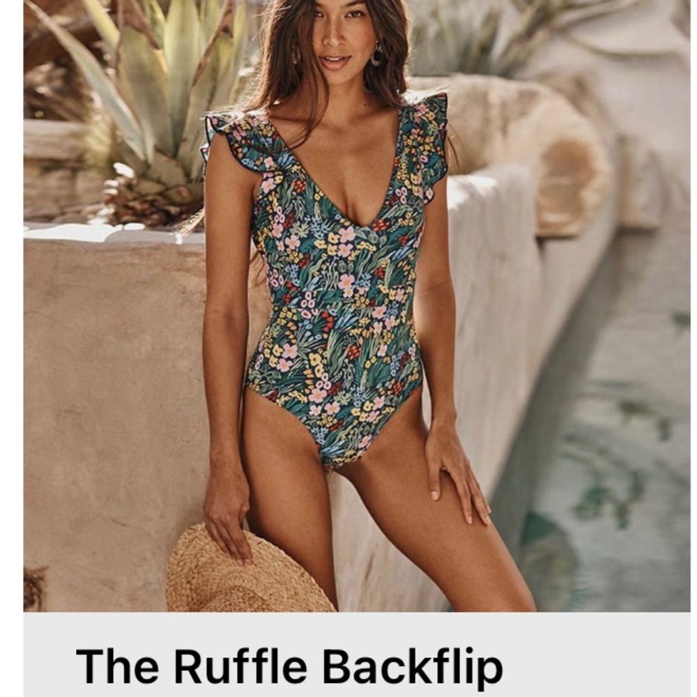 Ruffle backflip one piece bathing suit.
